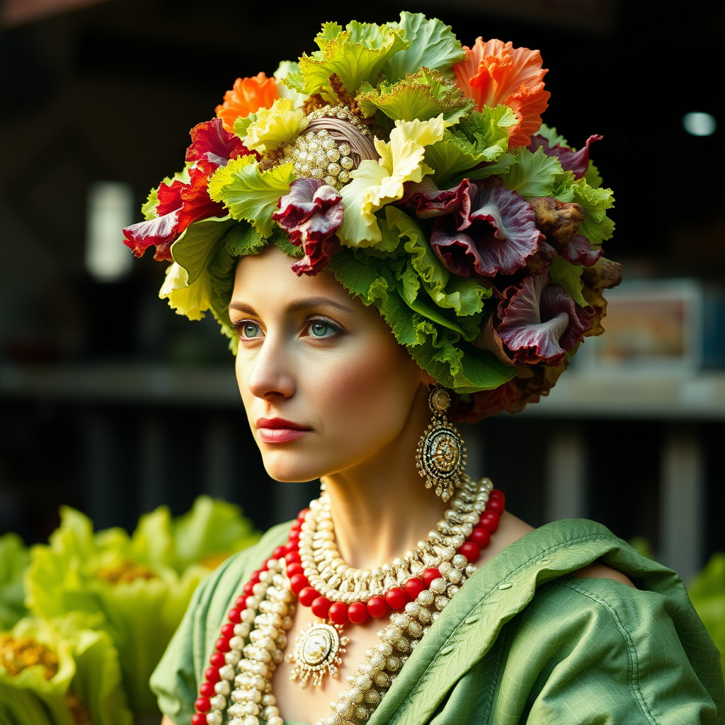 what's your salad headdress made of? Romaine empire goddess of plebs. Swindler of distress, master of deception. captured on Nikon D40, digitally enhanced color correction, bifocally improved II inspiro Vivian Maier