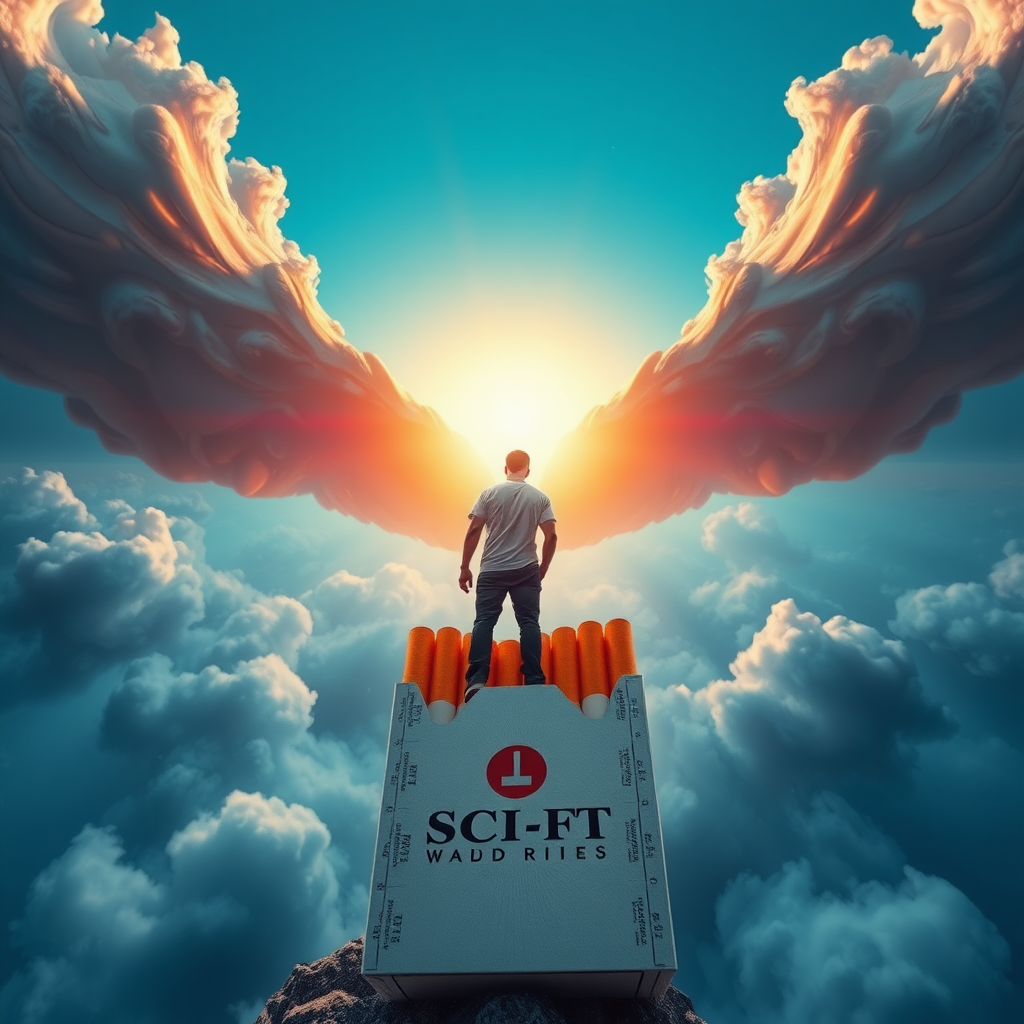 a SCI-FI film poster, the man in cell t-shirt standing on pack of cigarettes that flies straight to the sun, 4k, HDR