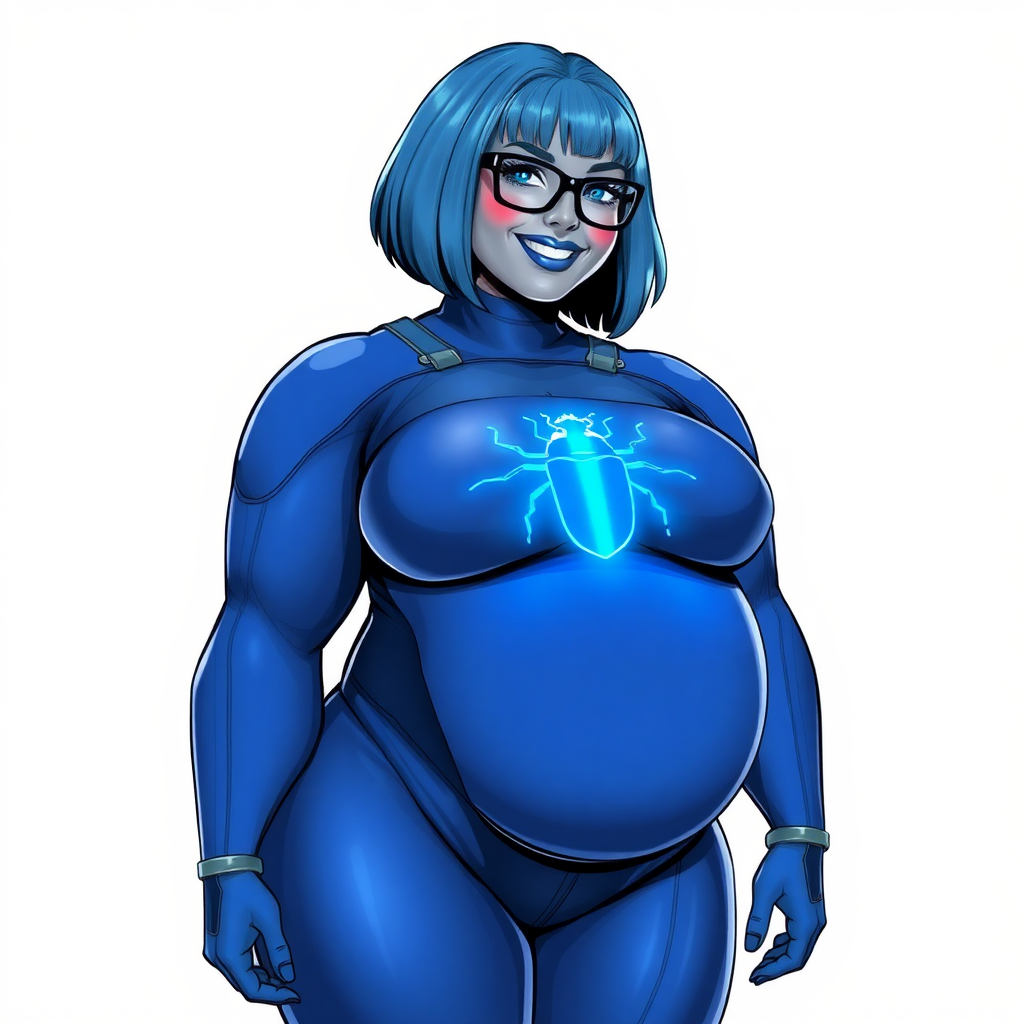 A 28-year-old, full-figured, middle gray metal skinned computer program-human hybrid with a maximum blue bob cut. She is the digital sidekick, computer hacker, and nerdy girlfriend of her cyberpunk vigilante boyfriend. Her middle gray metallic skin, distinct from any other character, highlights her digital nature. She wears maximum blue lipstick and has bright blue eyes. Her outfit includes an oversized digital maximum blue full bodysuit with a neon blue glowing chest icon of a beetle. Black eyeglasses accentuate her nerdiness, and she has a lovestruck smile with neon red blush. Her full figure, including a prominent, gargantuan, round midsection (with the full emphasis on her gargantuan belly), gigantic limbs, and broad shoulders, reflects the doting care of her vigilante boyfriend. The background is solid white. She is drawn as if she was in a retro 2D cyberpunk fighting game. Ensure her bodysuit covers all her bare skin (especially her round gargantuan belly). Her oversized bodysuit is influenced by DC's superheroine Jennifer Knight Phantom Lady but remains distinct.