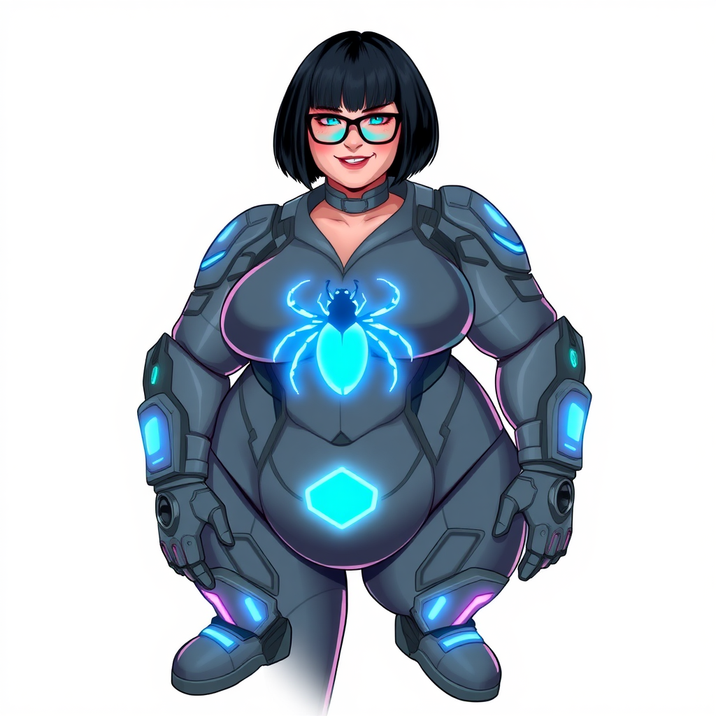 A heavily, extremely, and intensely pampered nerdy full-figured middle gray digital sidekick, a 28-year-old computer major, has been transformed by her doting vigilante boyfriend. Her distinct, metallic, middle gray skin and bob cut appear to blend together simulating computer data, and her neon blue eyes glow with intelligence. Her physique, now showcasing a gargantuan round midsection, massive limbs, and broad shoulders, contrasted by a slim face, clearly reflects her indulgence and pampering. Her full figure is prominently highlighted, with her prominent, gargantuan, round midsection and colossal limbs emphasizing her pampered sidekick status. As the loyal and supportive sidekick, she plays a crucial role in their missions, using her digital prowess to assist and protect.

She wears a digital middle gray suit, featuring a neon blue glowing beetle chest icon, digital middle gray boots with neon blue glowing accents, and matching high-tech gloves. She bashfully giggles with a neon red blush, emitting neon blue data cubes from her body. Her full figure clearly shows how pampered she is. Her nerdiness is accentuated by her black oversized eyeglasses.

Her outfit, influenced by DC’s Jennifer Knight Phantom Lady, remains distinct. Adding to her pampering, she serves as his minicomputer, traveling in his high-tech wristwatch and supercar’s computer system. Using her ability to hack into computers and machines, she relays crucial knowledge relating to his missions.

Her prominent, gargantuan, rounded midsection and massive limbs are on full displayed, emphasizing her indulgence and pampering while maintaining her nerdy physique. She is on a solid white background. She is drawn as if she was in a retro 2D cyberpunk fighting game. Ensure her midsection is round.