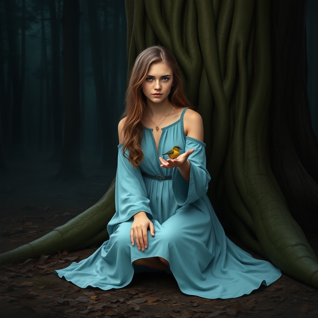 In a fantasy world. A young human druid around 18 years old sitting at the foot of a tree, wearing a long light blue dress, her light brown hair cascading down her back. She holds a small bird in the palm of her hand. The background is a rather dark forest, photorealistic, high definition.