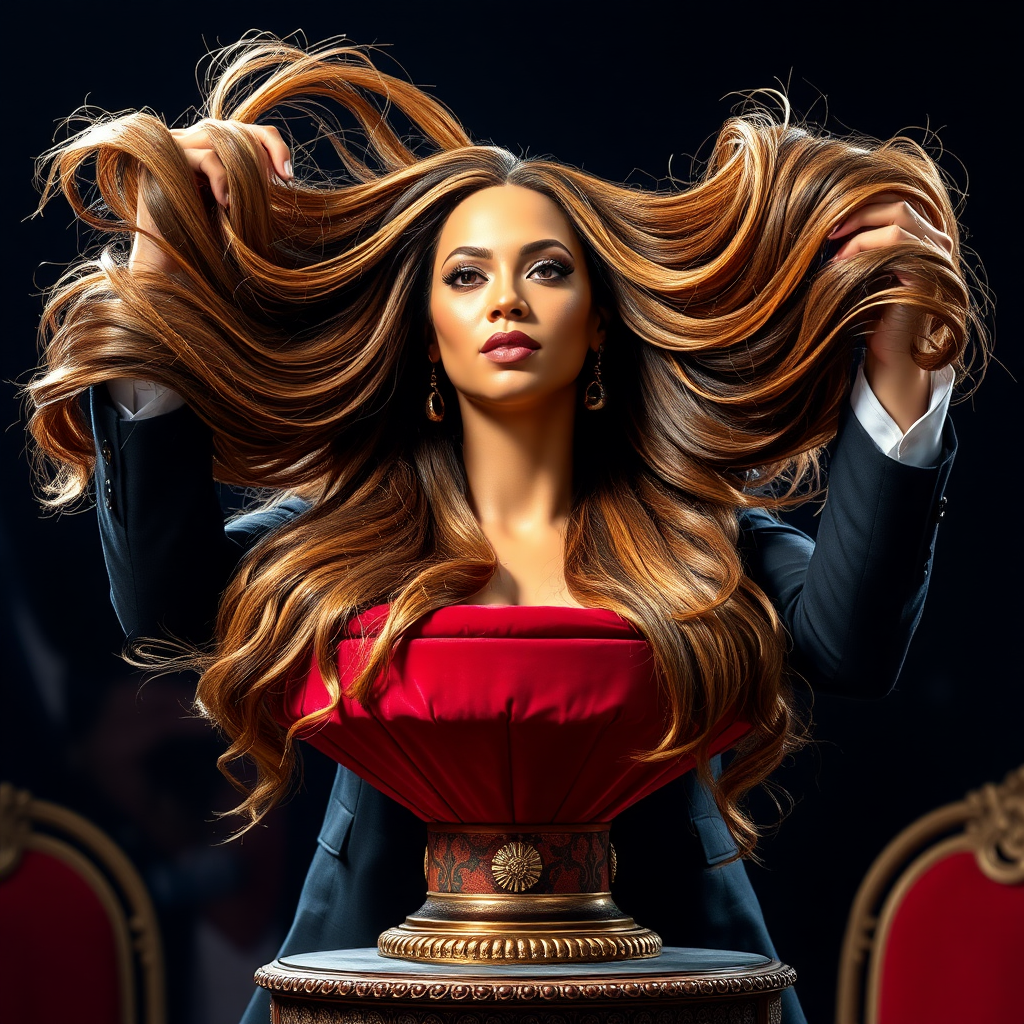 A magician captivates the audience with a stunning display of illusion. Atop an ornate velvet display stand rests the glamorous head of Beyoncé, her radiant complexion and striking features enhanced by glimmers of stage lighting. Her remarkably long hair cascades elegantly, flowing like a waterfall of rich, dark silk, and the strands glisten with hints of gold as they catch the soft light.

The magician holds up the luxurious mane with a flourish, spreading it wide for everyone to admire. The air is charged with suspense as he expertly manipulates the hair, twirling it gracefully around his fingers, creating mesmerizing shapes that seem almost alive.