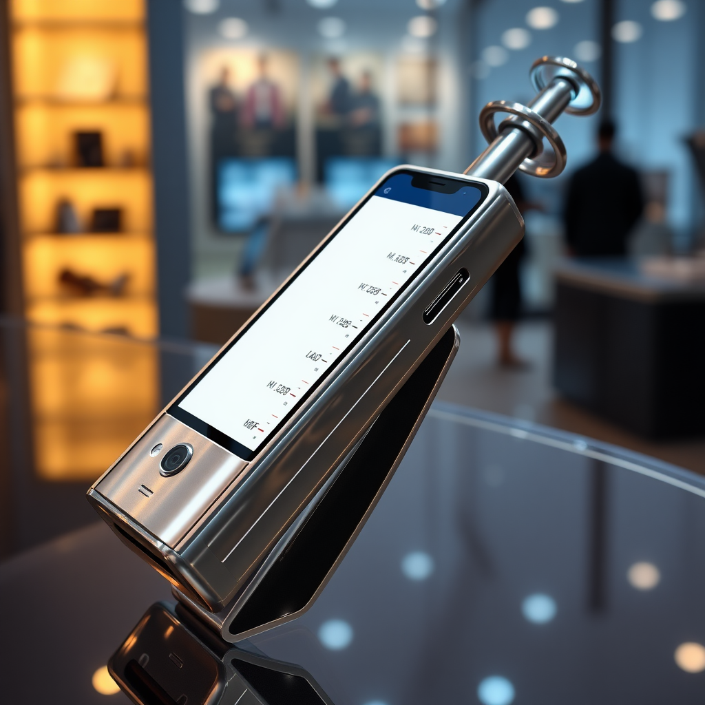 A mobile phone in the shape inspired by a syringe, metallic futuristic, kept for sale, in a showroom, metallic body, touchscreen phone with on-screen.