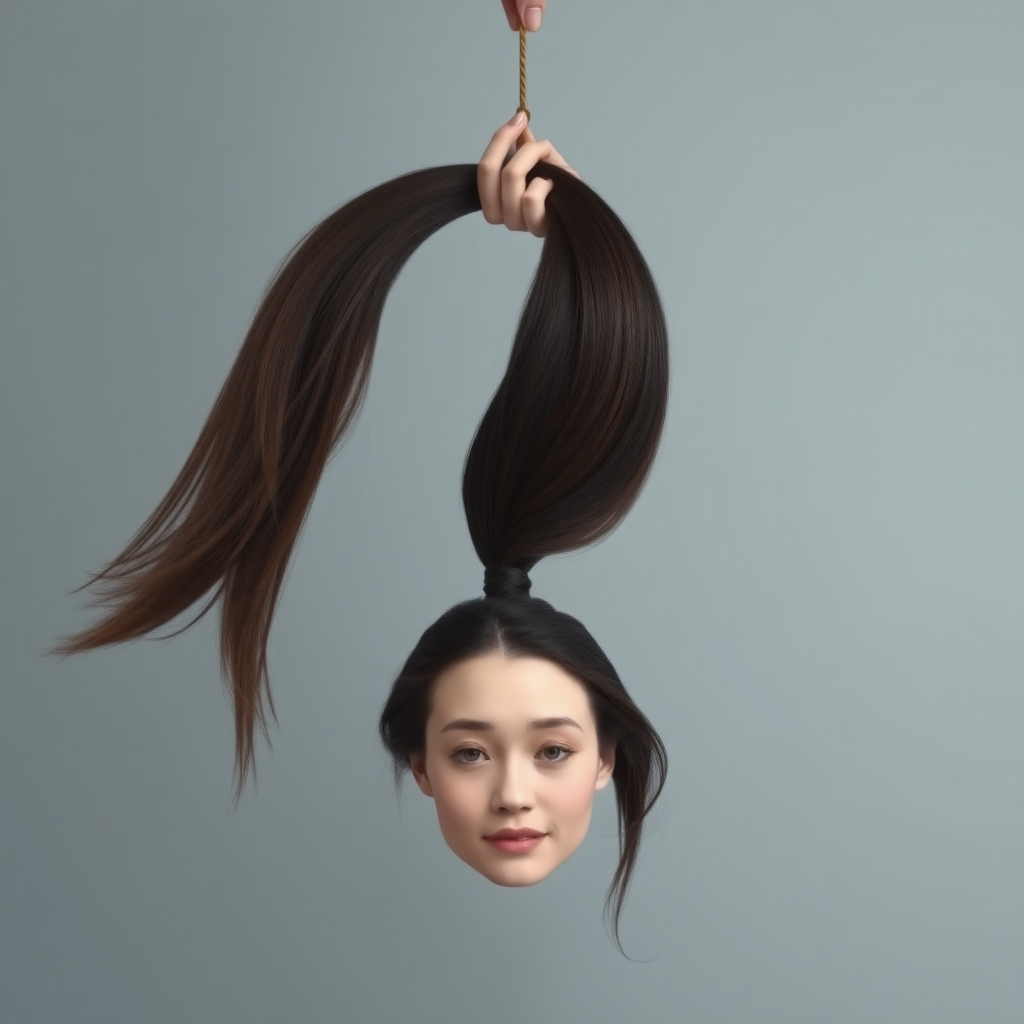 Surreal image of a very long haired woman's beautiful disembodied head hanging by her very long hair.  Her very long hair is gathered at the top of her head into a long ponytail that stretches upward into a grasped hand.  Plain gray background.