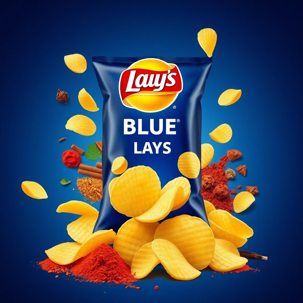 Indian blue lays redesign it with blue base having the spices of India and showcasing them proudly by Indians having original logo and text in English. Show potato and potato chips with the masala. Make the spices more realistic. With one logo.