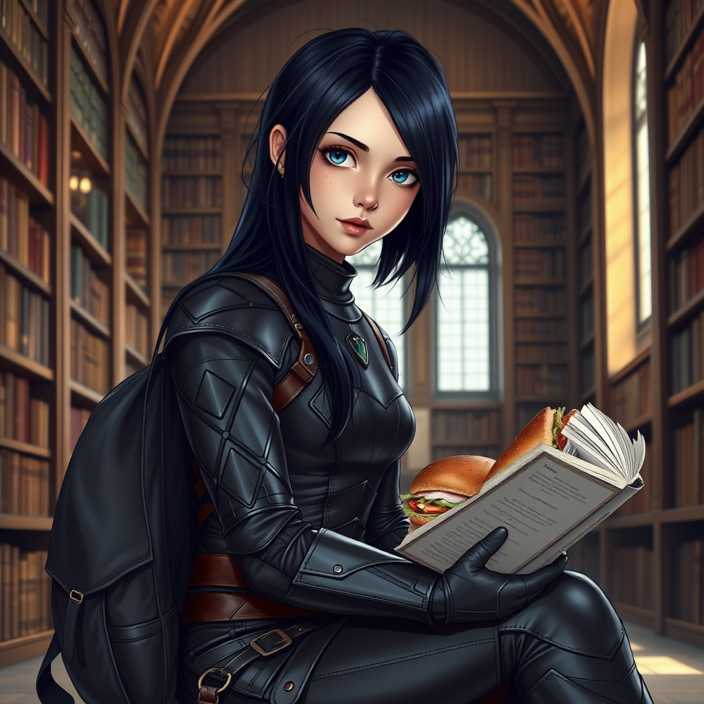 beautiful young woman, dark hair past her shoulders, blue eyes, small, slim figure, wearing full leather armor suit, sitting, reading book, a sandwich and backpack, in a grand old library.