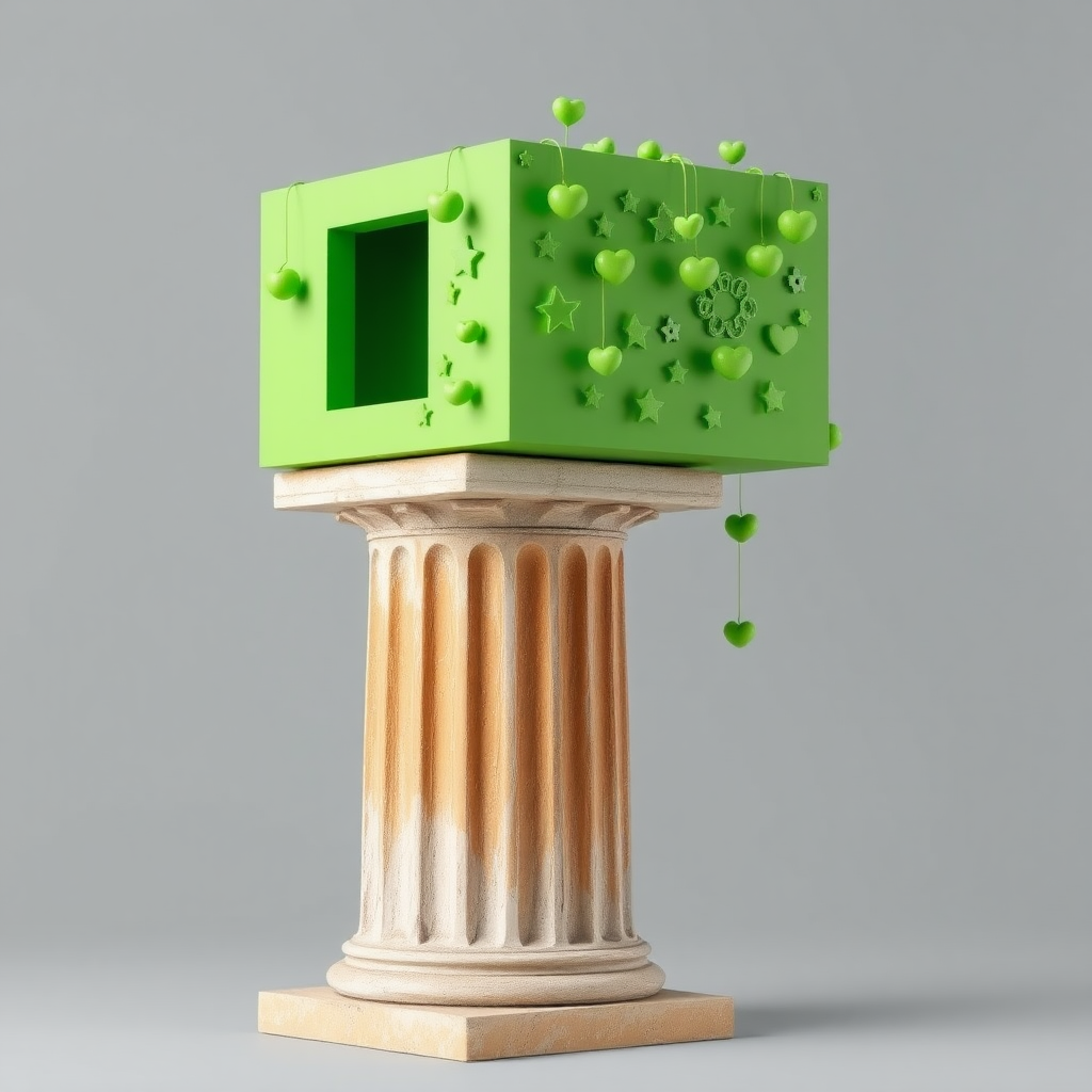 A photograph of a small, ancient Greek column with weathered, fluted details at the base. Atop the column is an oversized, normal green rectangular volume, functioning as a funky art installation. The large green structure dramatically overshadows the small column, with numerous quirky green objects—such as small hearts, stars, and abstract shapes—hanging from it. The surreal and playful installation creates a striking contrast between the ancient, minimal column and the modern, weird design.