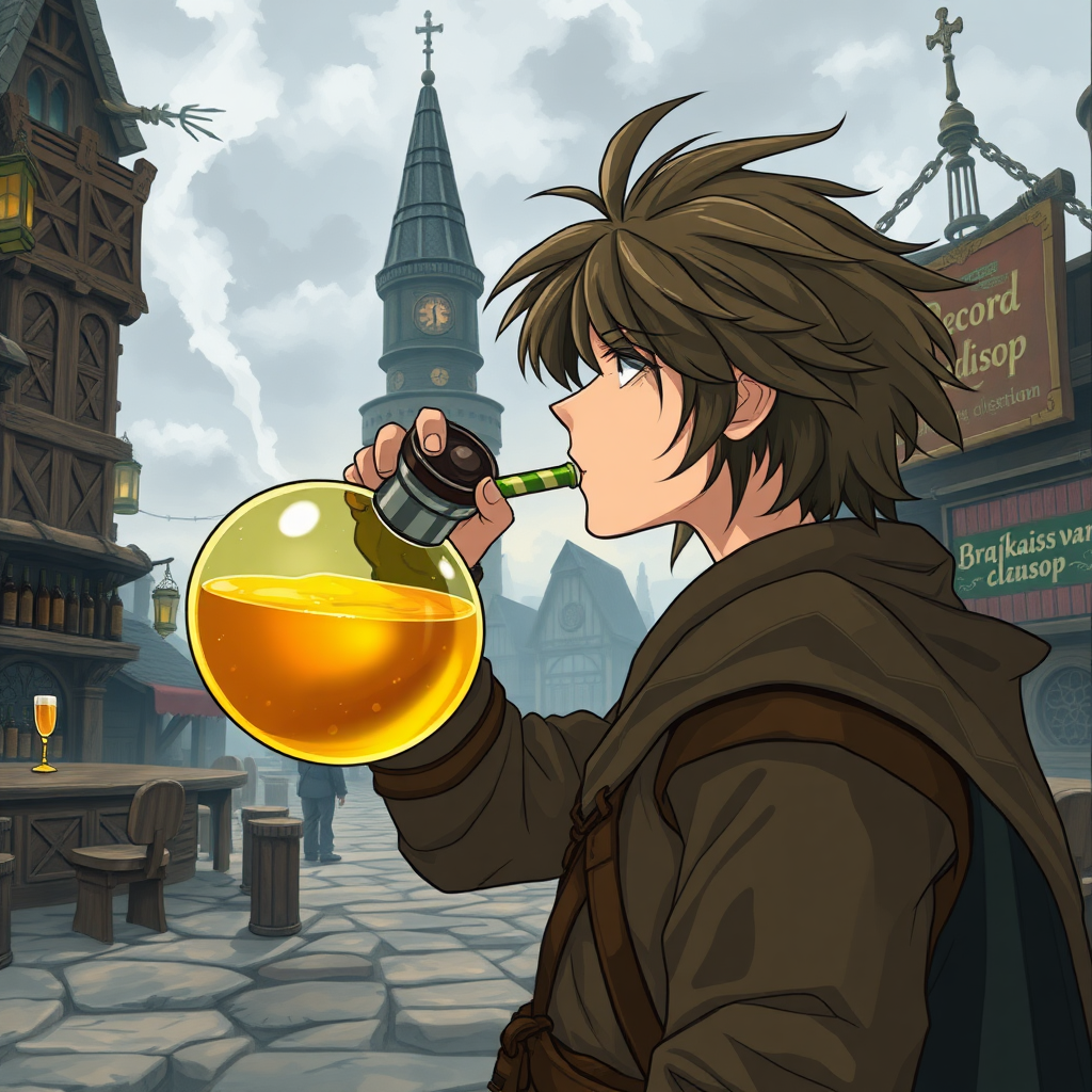 A wide distance shot of a fantasy warrior chugging a large potion from a round flask. Dungeons and Dragons port called Waterdeep. Mage tower in the background. Bar with an advertisement for a drink called "Brajkaisop". Messy shoulder-length hair tussled by wind. Anime style, Record of Lodoss War.