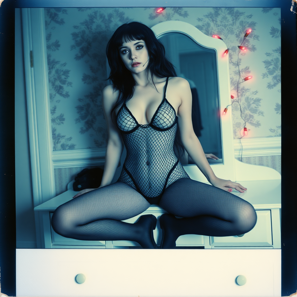 Scan of an nsfw old polaroid photograph with visible wear and heavy vignetting and blue color tint and light leaks, depicting a sexy pale curvy alt goth girl with black hair wearing skimpy fishnet black bodysuit and gstring revealing her nipples and wearing black stockings and high heels, sitting on a builtin vanity with mirror in old house with wallpaper on walls with her knees spread apart.  Camera flash used.  Dark lighting.  Moody and hazy.  Grunge look.  Erotic.  Nude. Pink Christmas Lights on wall.  She has a black nose ring