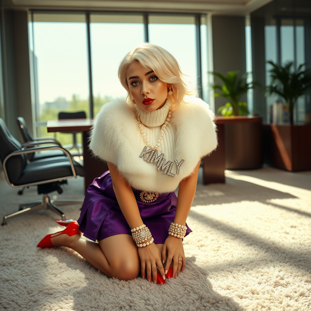 Sunny spring morning, modern glass-steel-concrete office, kneeling on fluffy carpet in front of CEO’s desk: Kimberly, 19 years old very convincing femboy “trophy-bimbo”, tamed servile docile, very beautiful feminine flawless face, rather short, by hormones very curvaceous womanly figured, platinum blond short tight curls, bold red lips, long white French nails, heavily made-up face, wearing Supertanya-style fluffy very fuzzy bright white angora turtleneck-poncho cropped ending under bust decorated with pearls and glass stones, purple vinyl pleated mini-skirt, bright red pumps with golden very high heels, white pearl belly piercing, large pearl earrings, striking diamond “KIMBERLY” letter brooch on left chest, thick heavy pearl wristlets, pearl anklets, pout frustrated, leaning forward hands on carpet presenting her assets, looking at camera. Focus on face and turtleneck-poncho.