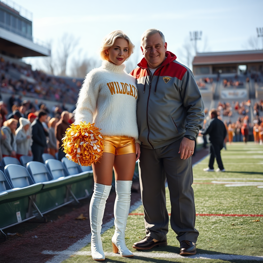 Sunny cold fall noon, college football stadium game, cheerleaders leader squat: Ana, European 17 years old very convincing femboy “QB’s trophy-bimbo”, tamed servile docile, very beautiful feminine flawless face, rather short boyish figure, platinum blond short tight curls, bold red lips, heavily made-up face, fluffy very fuzzy bright white plushy hazy thick angora turtleneck-sweater with “gold “WILDCATS” letters, vinyl gold short shorts, mesh pantyhose, white vinyl thigh-high boots with golden heels, large gold-white pompoms, pearl earrings, standing, shoulders slightly arched back to present her assets, posing for photo with Hank: older tall overweight male football coach, wearing college football coach outfit, triumphant smile, nimbly patting Ana.