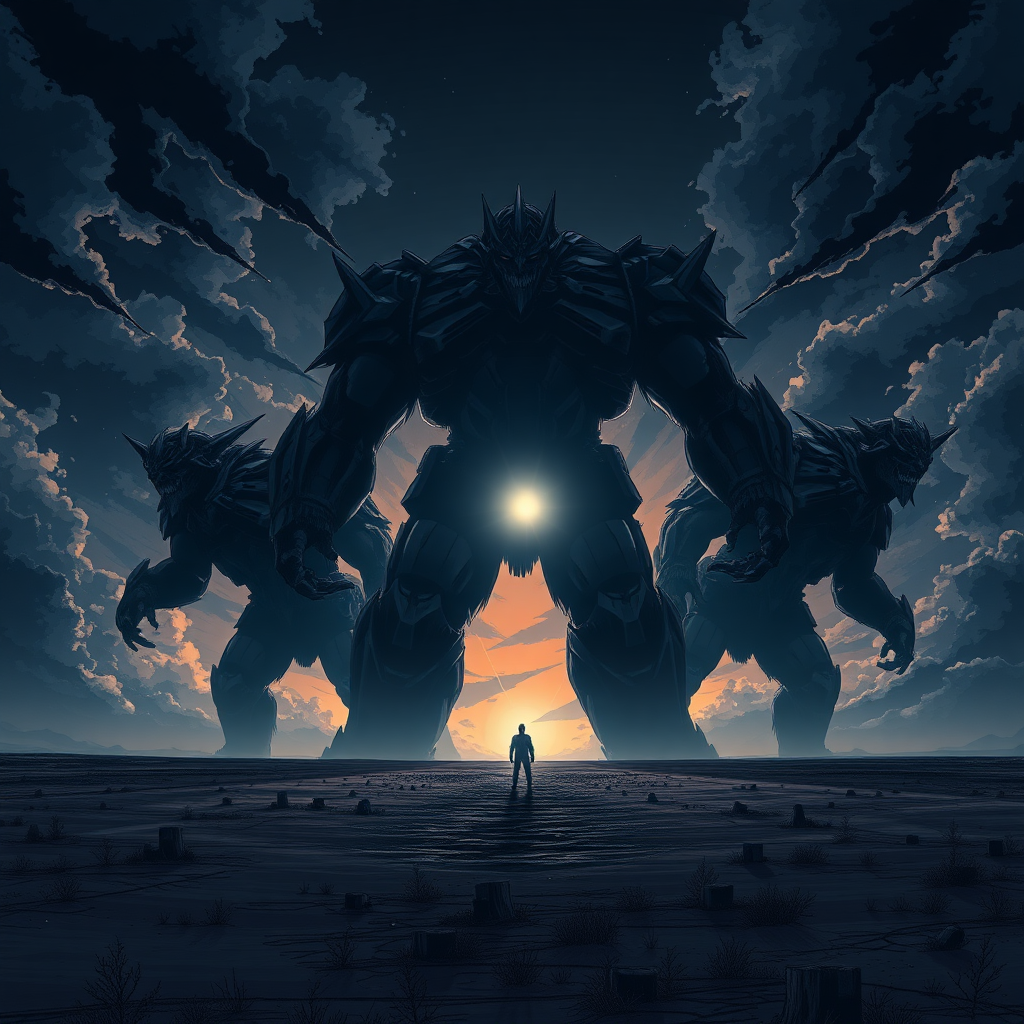 (Anime Style Art), An apocalyptic background, dark skies, plain-field, 3 giant beings made of pure darkness with only 1 white lens flare (Roaring titans)