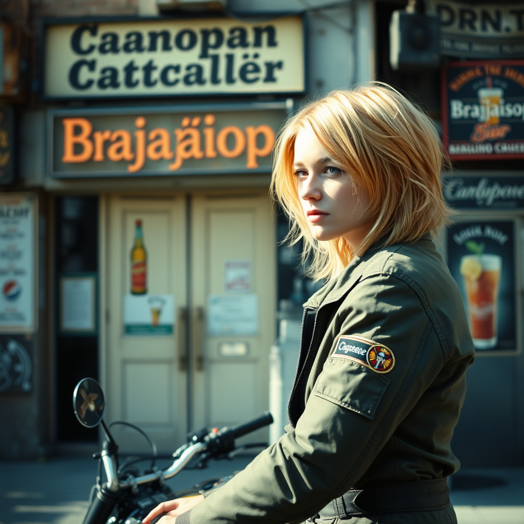 A girl with face like (Ana de Armas), pale, no makeup, messy shoulder length strawberry blonde hair, athletic, wearing a flight suit, "Benaenae" badge on the pocket. She is sitting on a motorcycle, looking down the street away from us. Urban, a run-down bar with the words "Canopean Catcaller" above the door. Morning, bright. Advertisement for a drink called "Brajkaisop". Hyperrealistic, film grain, soft focus.