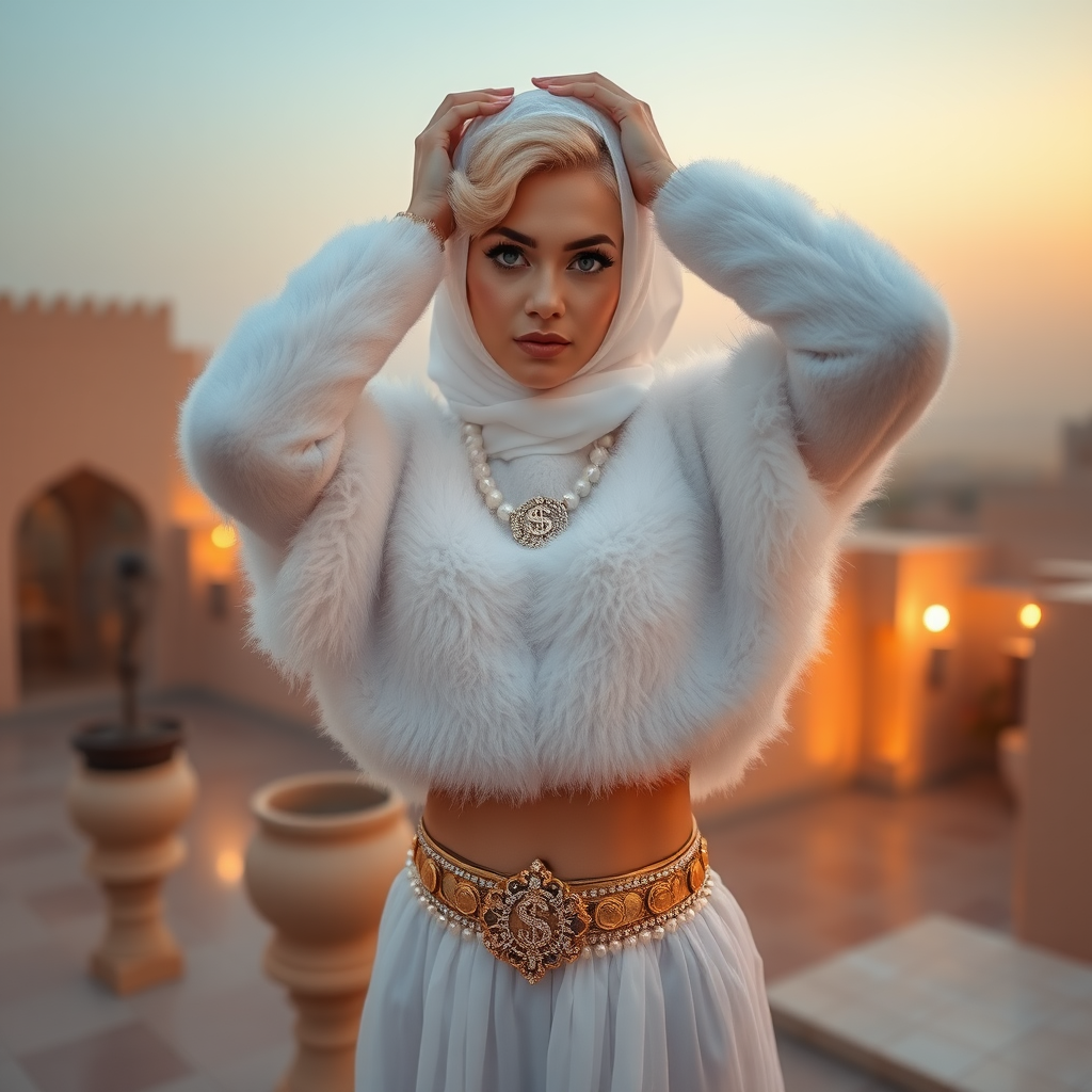 Kuwait desert palace harem patio misty dawn: Melissa, European 17 years old very convincing femboy “trophy-bimbo,” tamed servile docile, very beautiful feminine flawless face, rather short, by hormones very curvaceous womanly figured, platinum blond short tight curls, heavily made-up eyes, wearing Supertanya-style fluffy very fuzzy bright white angora turtleneck-poncho cropped ending under bust decorated with pearls and gemstones, striking oriental wide gold bridal protection belt, white fully transparent harem pants, full Oriental bridal jewelry, face covered by white sheer full Burka, coin anklets, striking diamond “$$$” letter brooch on left chest, pout frustrated, seductively dancing hands over her head, looking at camera. Focus on face and turtleneck-poncho.