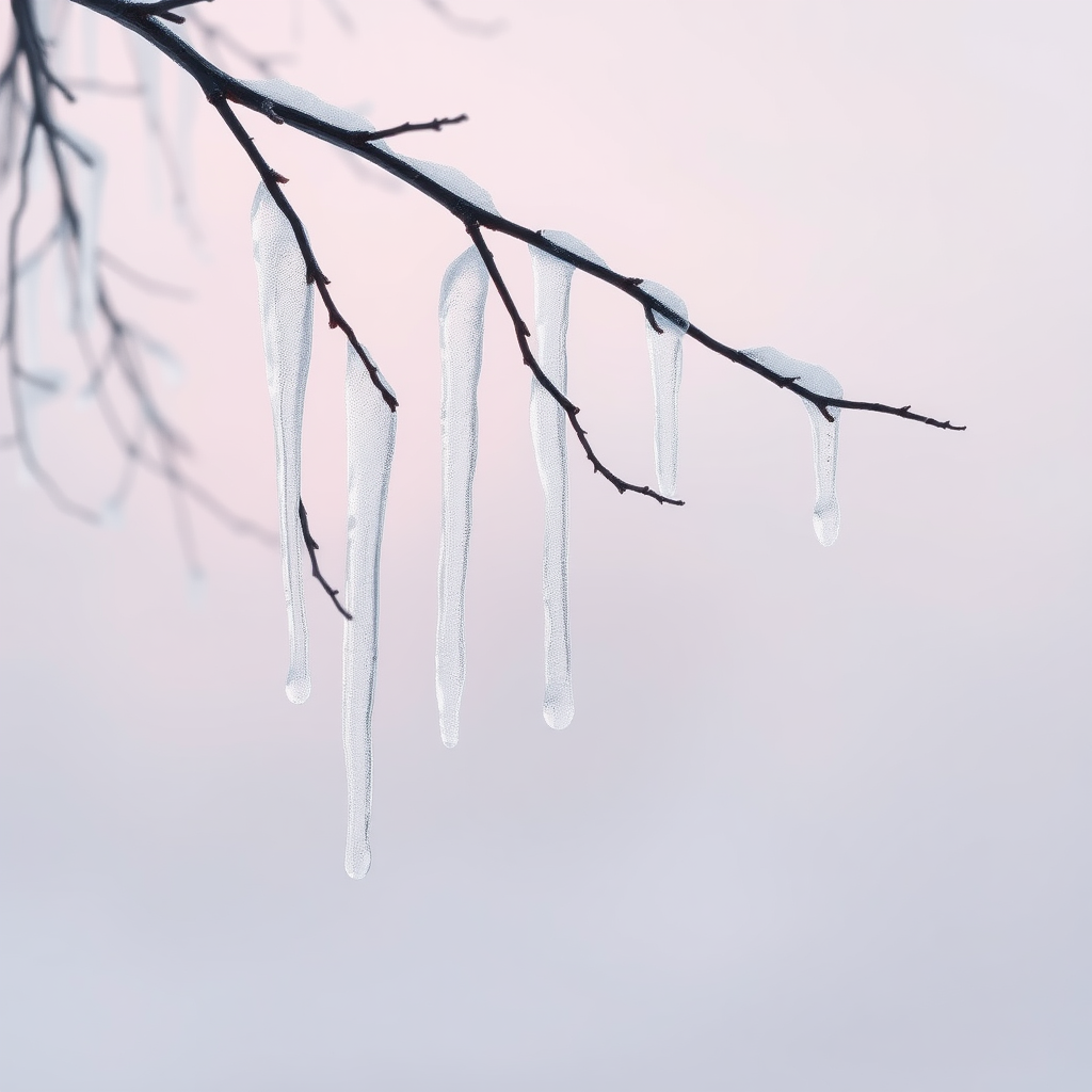 You can closely observe the delicate and sparkling icicles hanging from the slender, gaunt branches. This scene captures a tranquil winter atmosphere, with a soft and muted background transitioning from pale pink to cool gray, evoking a sense of calm. The ice formations are expressed with surreal details, highlighting the clarity and intricate shapes akin to crystal. The branches are dark and textured, contrasting against the translucent ice. Soft light reflects off the icicles growing along the tree, creating a captivating interplay of light and shadow. The overall aesthetic combines elements of tranquility and chill, guiding the viewer into a peaceful winter moment.