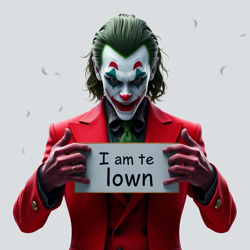 Loki with Joker, makeup, wearing a red cotton suit, holding a sign with "I am the clown" on his chest in both hands hyper-realistic, movie quality, HD, c4d, rendering, light grey background