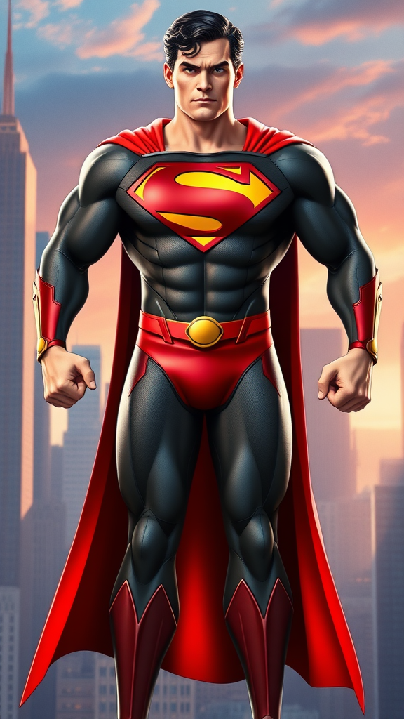 Create a full-length image of Superman, featuring the musculature and body shape of Elastigirl. Retain Superman’s head, hairstyle, and facial features. Incorporate the original costume, adding embellishments and adjusting it to fit the new proportions. Design the background inspired by both characters, blending elements from Superman's Metropolis and Elastigirl’s Incredibles universe. Aim for a dynamic pose reflecting strength and flexibility, emphasizing a vibrant color palette that highlights the unique elements of both characters.