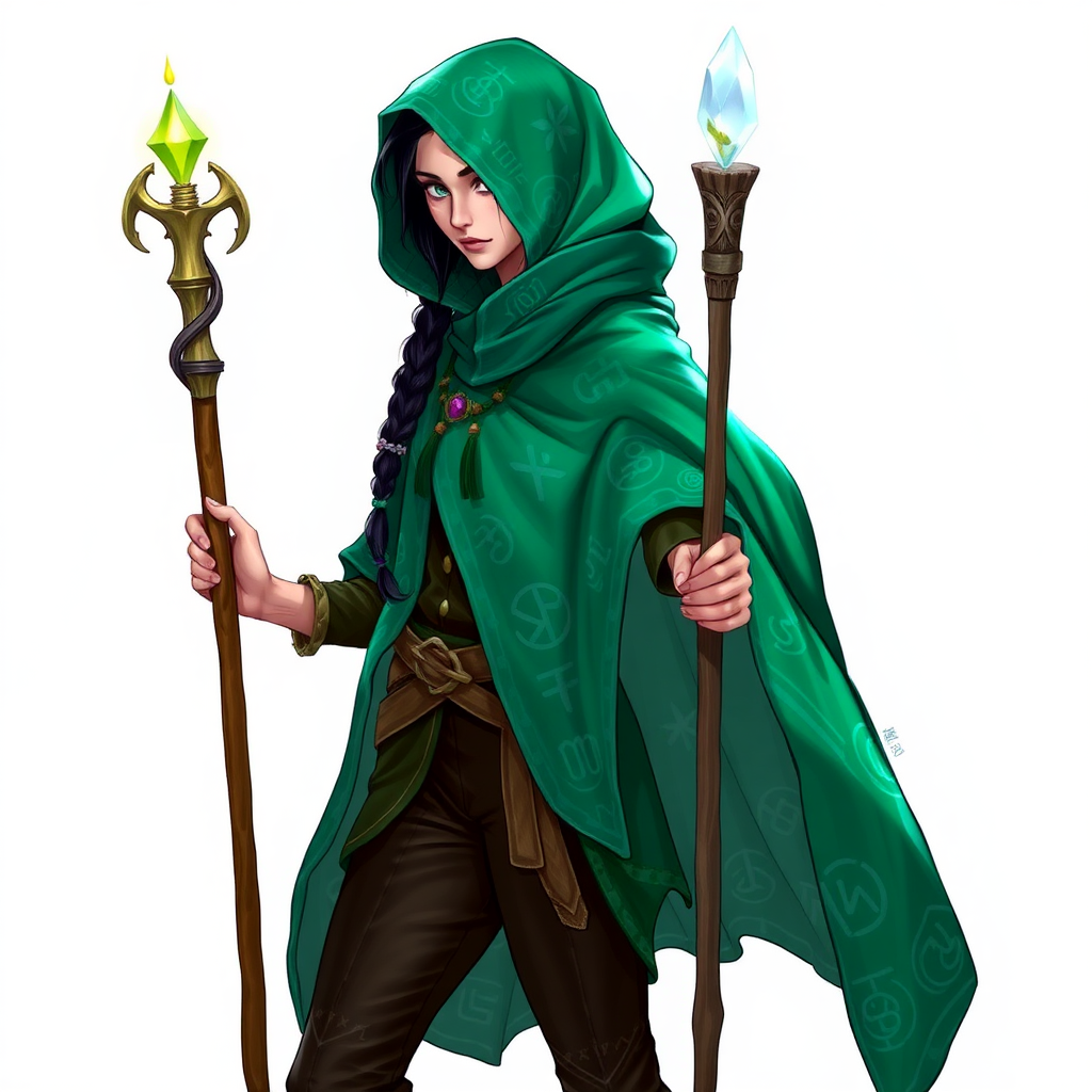 Name: Elara Windwhisper  
Gender: Female  
Age: 28  
Clothes: Elara wears a flowing emerald green cloak adorned with silver runes that shimmer in the light. Underneath, she has a fitted leather tunic and trousers, perfect for agility and stealth. Her long, dark hair is braided with small feathers and beads, and she carries a slender wooden staff topped with a glowing crystal, symbolizing her connection to nature and magic.