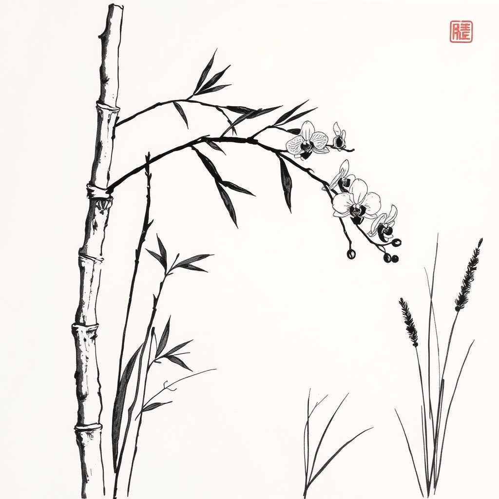 Simple drawing, bamboo, ink painting, orchids, and grasses.