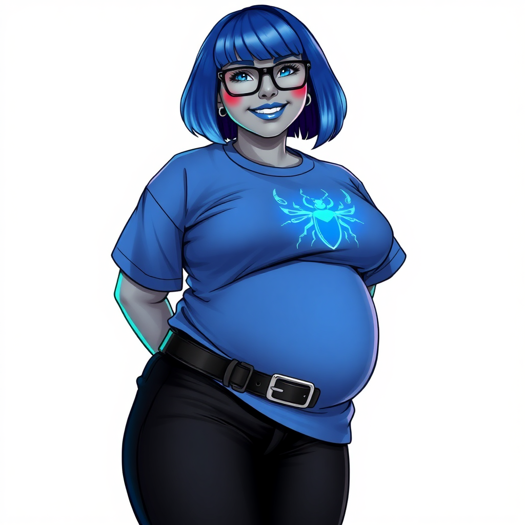 A 28-year-old, full-figured, metallic middle gray skinned computer program hybrid with a maximum blue bob cut. She has a non-athletic build, highlighted by a prominent, round, large midsection (with a full emphasis on her belly). As a digital sidekick, computer hacker, and nerdy girlfriend to her cyberpunk vigilante boyfriend, her middle gray metallic skin and maximum blue lipstick emphasize her digital nature. She wears a costume consisting of an oversized, tight-fitting, maximum blue t-shirt (accentuating her large belly) with a neon blue glowing chest icon of a beetle, black pants, a black belt with a sapphire scarab buckle, and black gloves. Her bright blue eyes, black eyeglasses, and lovestruck smile with neon red blush accentuate her nerdiness. She stands bashfully with her hands behind her back, her t-shirt covering all her skin (especially her large belly) and emphasizing her full-figured, non-athletic physique. She is on a solid white background. She is drawn as if she was in a retro 2D cyberpunk fighting game. She is clearly non-athletic, with emphasis on her full-figured and pudgy physique. Ensure her t-shirt covers her midsection (especially her large belly).