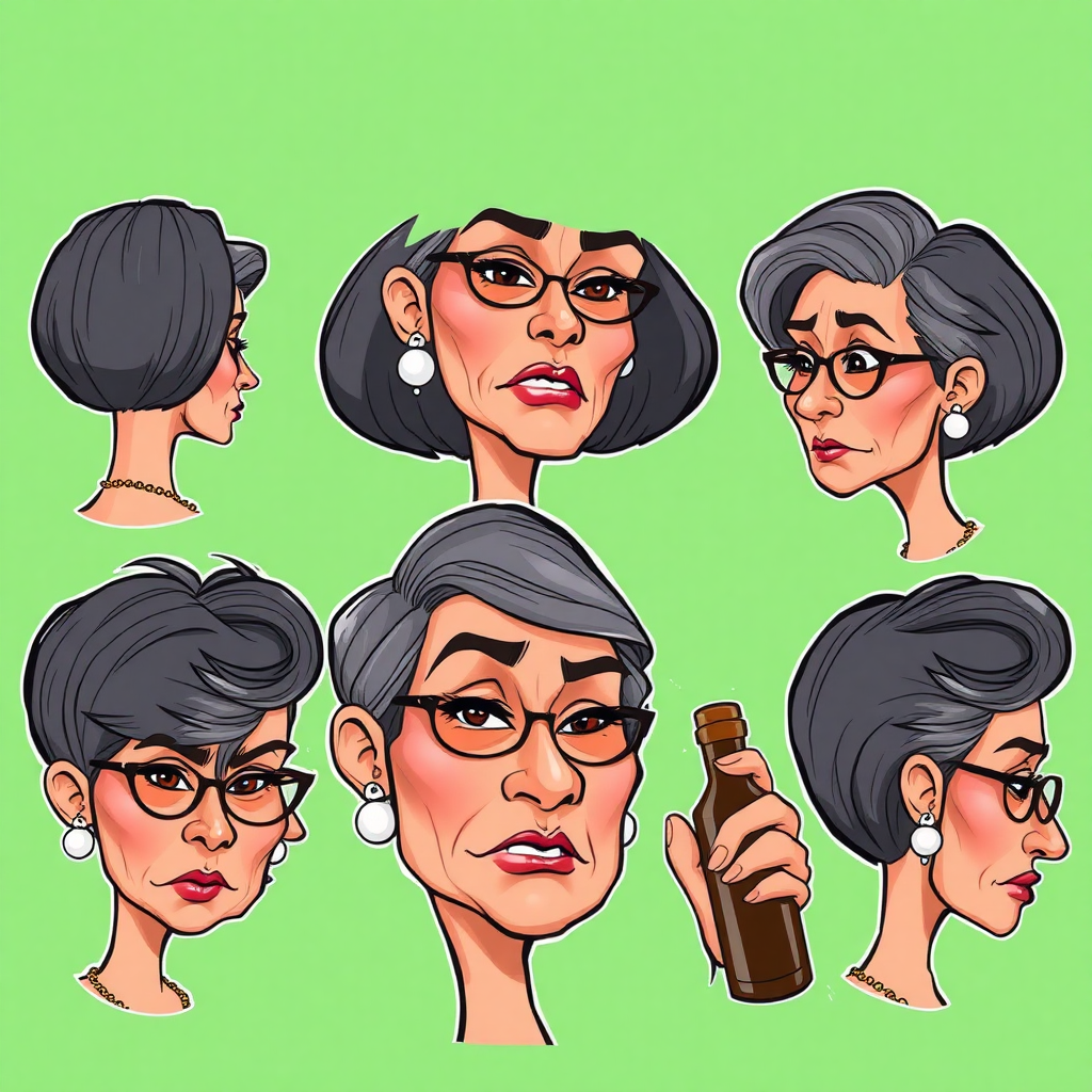 a 50 Years old, gorgeous, fit, European, Latina, sharp aquiline nose, wrinkles, high cheekbones, Middle Eastern, Skinny, Tanned skin, Dark light skin, full Makeup, jewelry, Sharp nose, frowning, exaggerated cartoon emotions, lascivious, drinking at a bottle, dark grey Ash hair, short bowl haircut, Brown eye color, half closed eyes, round Glasses, with detailed features. Each photo displays the same face in back, profile and front view, cut out and isolated on a green background. 2D, caricature, cartoon, Sketch lines, coloring book style, well composed, clean coloring book page, No dither, no gradient, strong outline, vector illustration