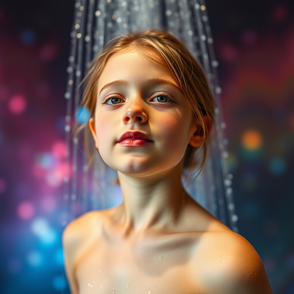 preteen girl in natural pose, relaxed, shower, full body shot, dreamscape, nebula, Bokeh, abstract, brilliant colors, glittering, translucent, iridescent, natural skin, glowing, artistic photo, wide angle, cute, interesting, microscopy, airy, original, experimental, refraction