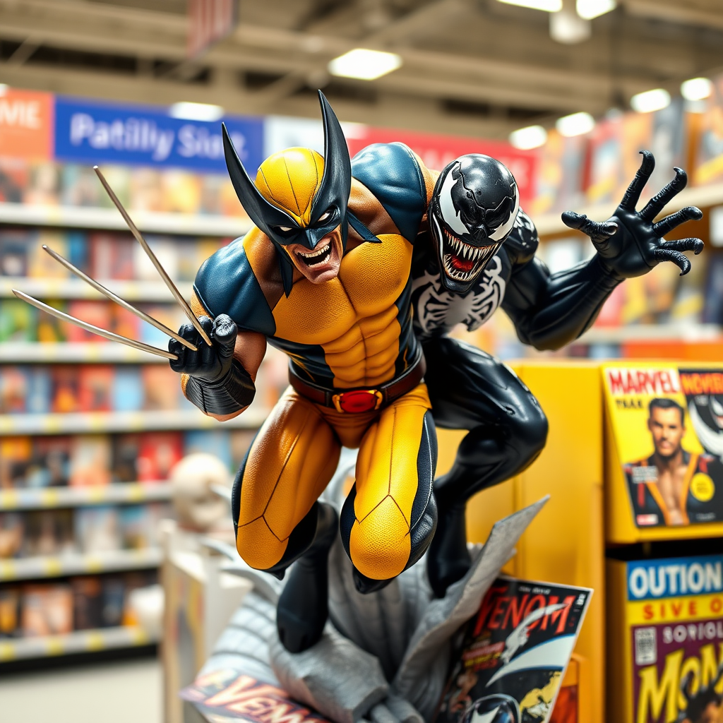 Jumping out of a comic book cover on a store shelf is Wolverine and Venom. Wolverine has his 3 claws, Venom in cinematic Real3D photo-realistic quality.