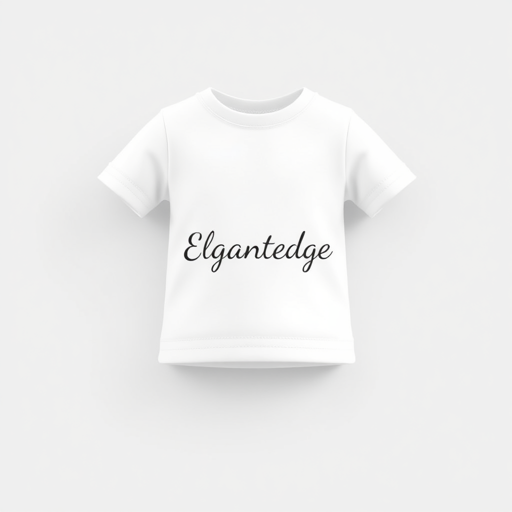 **Prompt for 3D Modeling Icon - Baby Crewneck T-shirt for Elegantedge:**

Design a cute yet elegant 3D model of a **baby crewneck t-shirt** that represents the **Elegantedge** brand. The t-shirt should feature a simple, fitted silhouette with soft lines and high-quality fabric, emphasizing comfort and durability. Highlight details like a smooth, rounded crewneck, short sleeves, and clean stitching that make the t-shirt both stylish and practical for babies.

Incorporate the **Elegantedge** name subtly across the chest or along the hem in a refined, playful font that suits the baby clothing aesthetic. The color palette should include neutral tones like white, light grey, and soft pastels, giving the t-shirt a modern and timeless feel. The design should reflect **Elegantedge's** commitment to high-quality, fashionable basics that balance both elegance and everyday comfort for little ones.