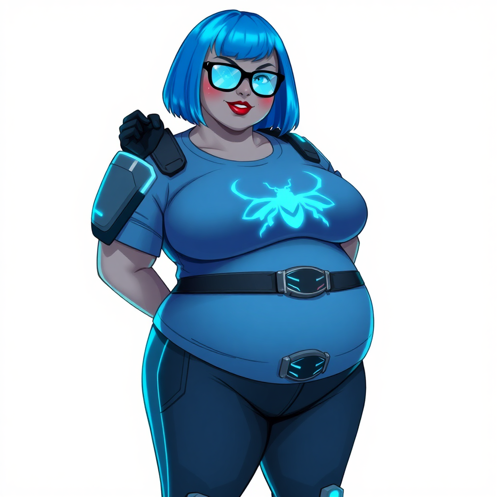 A 28-year-old, full-figured, metallic middle gray skinned, computer program hybrid with a maximum blue bob cut. She has a non-athletic, full-figured build, highlighted by a prominent, round, large midsection (with heavy emphasis on her belly). As the full-figured, nerdy, digital sidekick to her cyberpunk vigilante boyfriend, her metallic middle gray skin and maximum blue lipstick emphasize her digital nature. She wears a digital, computerized costume inspired by DC’s Carrie Kelly Robin, consisting of a huge, tight-fitting, maximum blue t-shirt with a neon blue glowing beetle chest icon, hi-tech shoulder pads with neon blue accents, a black hi-tech belt with a digital neon blue glowing buckle, digital maximum blue pants with neon blue accents, and black hi-tech gloves with neon blue glowing accents. Her bright blue eyes, black eyeglasses with neon blue glowing lenses with a built-in HUD, and shy smile with neon red blush accentuate her nerdiness. She stands bashfully with one hand behind her back and the other hand gently touching her cheek, her costume covering all her skin and emphasizing her full-figured physique (especially her belly). She is clearly non-athletic, with a heavy focus on her large belly. Despite her build, she radiates beauty. She has a slim face compared to her physique, accentuating her radiant beauty. She is on a solid white background. She is drawn as if she were in a retro 2D cyberpunk fighting game.