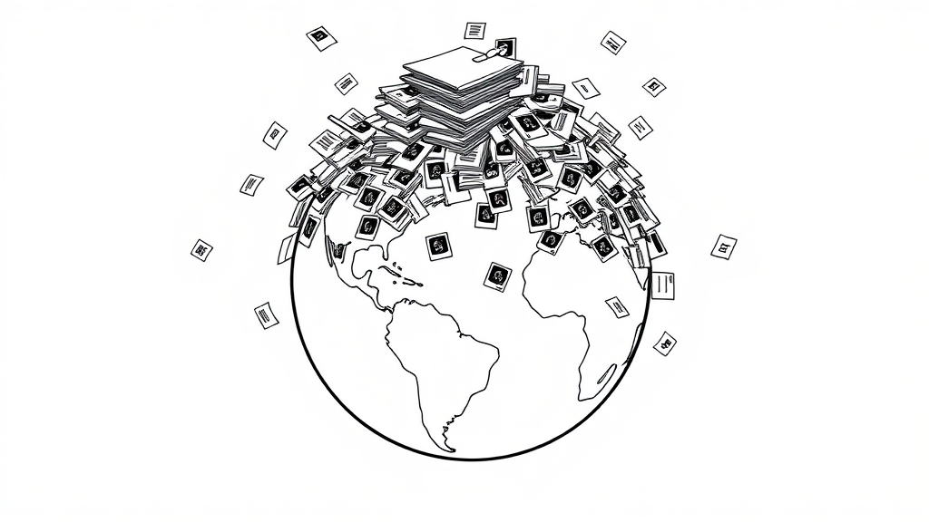 Create a comic drawing of a globe showing it getting overwhelmed with a massive stack of tiny papers that reaches the stratosphere. The style is a minimalist drawing with only black ink. Each of the papers has a black background with a white mammogram.