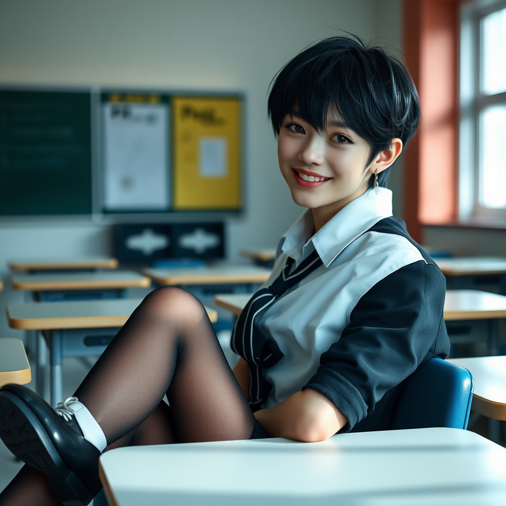 photorealistic, ultra high resolution, 16K, surreal fantasy, soft studio lighting, a pretty 16 year old goth male, slim male physique, short dark hair, blue eyes, goth makeup, earrings, sheer pantyhose, UK girls-school uniform, Mary-Jane shoes, sitting in the classroom, excited smile, facing the camera.