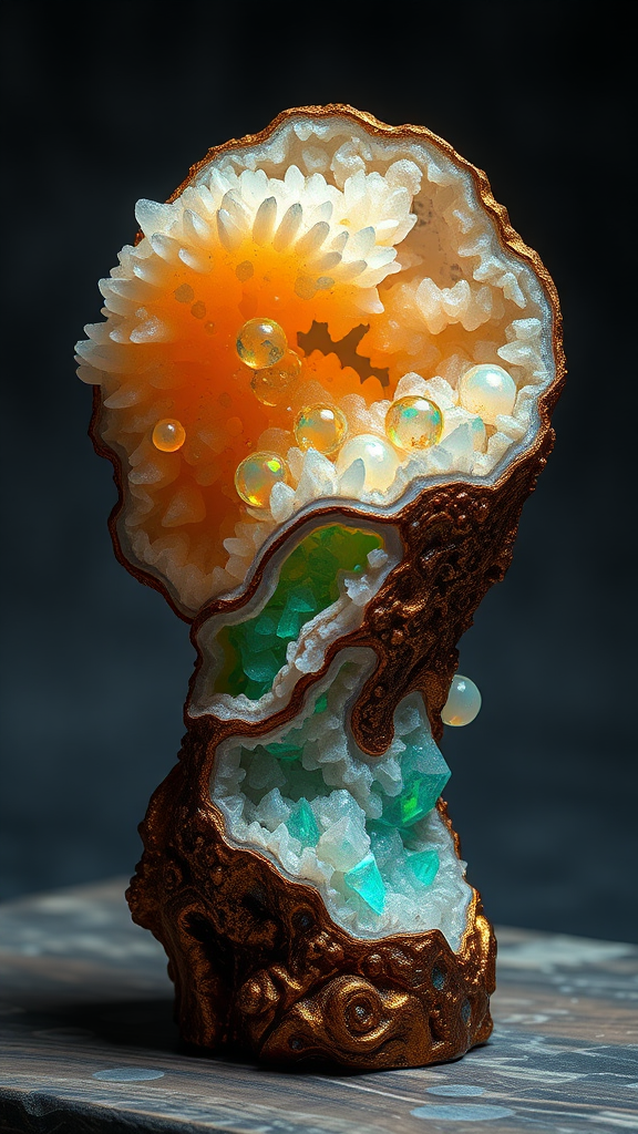 artist doll, statue, mandelbulb fractal landscape, ultra-detailed, dynamic composition, artistic photograph, geode, alabaster, fractal, brilliant colors, glittering, illumination, transparency, translucent, opal, turquoise, gold, romanticism, sharp focus