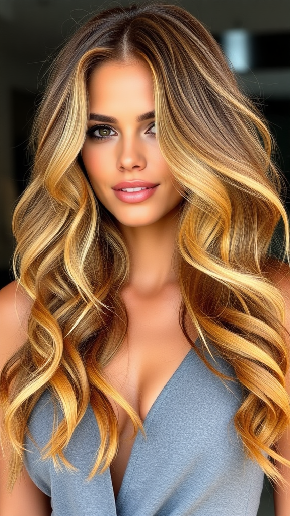 Alessandra Ambrosio with wavy hair in blonde color with orange highlights, in high definition.