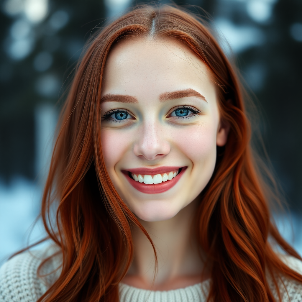 beautiful young woman with red long hair gorgeous smile, full lips, pale skin, on Alaska