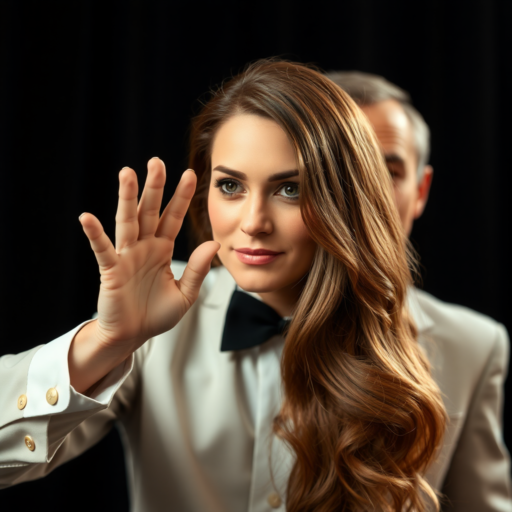 A surreal image of the beautiful very long haired Kate Middleton's disembodied head displayed to the camera by a male magician performing a magic trick.