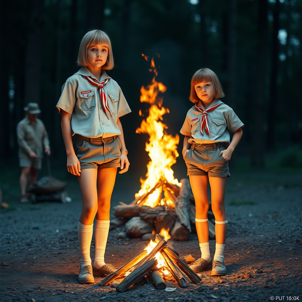 two tall 14yo teen boys, long bob cut, wearing American boy scout uniform with uniform matching very tight booty shorts, tube socks, shoes, long legs, narrow thighs. a campfire. full-length view. 1980s. photorealistic, ultra high resolution, 16K, Negative: grainy, blurry, bad anatomy, extra limbs, watermark.