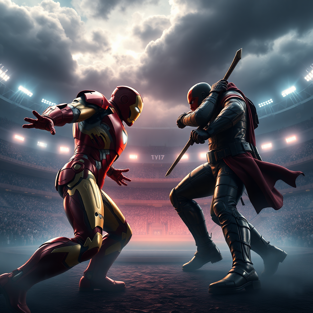 In the center of a vast stadium, Iron Man faces off in a fierce battle with Deathstroke. The 3D rendered image is stunningly photorealistic, every detail brought vividly to life. A magical, ethereal glow surrounds the scene, casting intricate dramatic shadows on the combatants beneath a stormy sky. The impeccable quality of the rendering immerses viewers in the epic clash between these legendary figures, creating a truly mesmerizing visual experience.