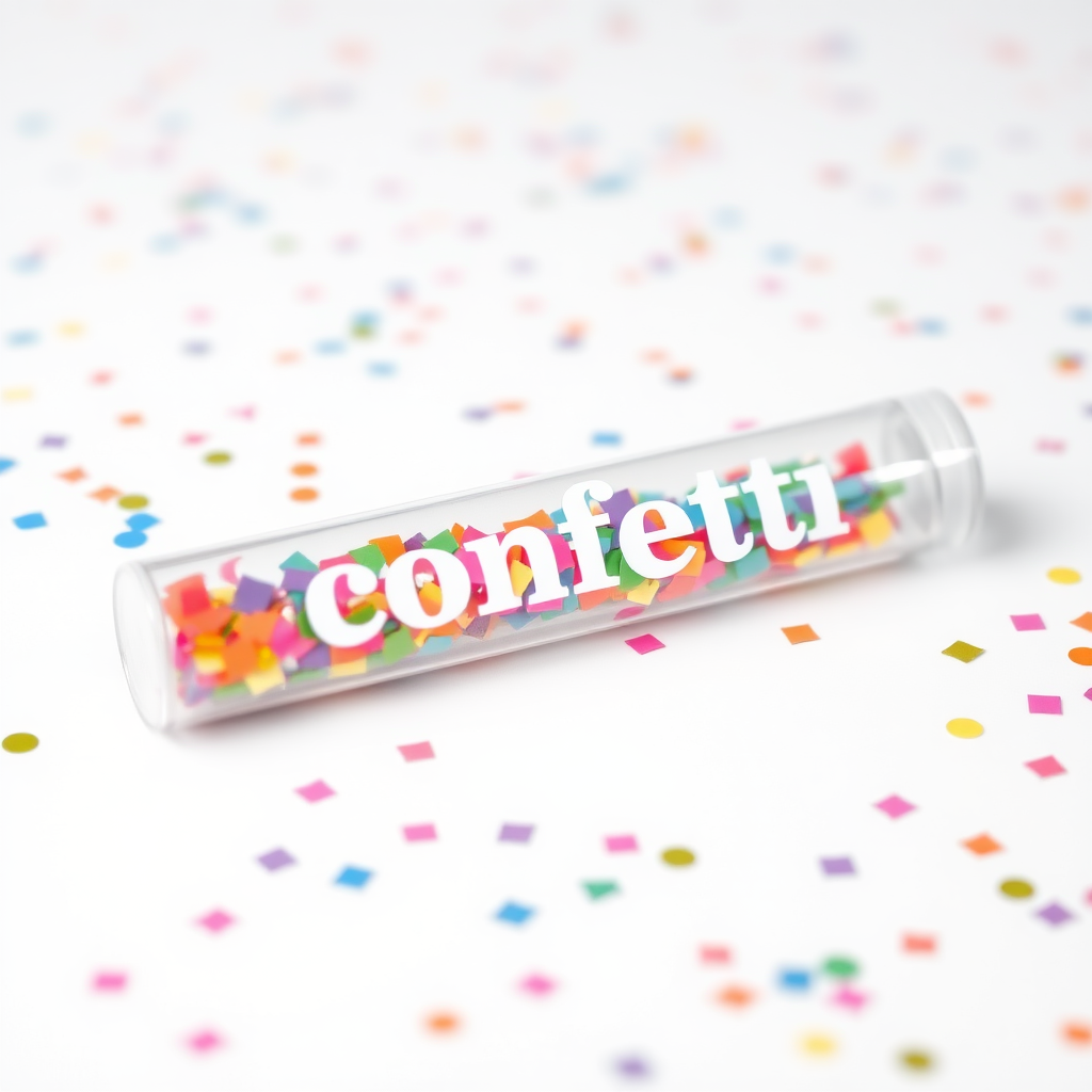 A photo of a glass fat transparent plain uniform confetti popper tube with colorful confetti inside and with text "confetti" on it, lying flat at an angle, with confetti around it, white background, distant confetti blurred, white bold text with a black border, reflections on the tube glass, tube closed from both ends