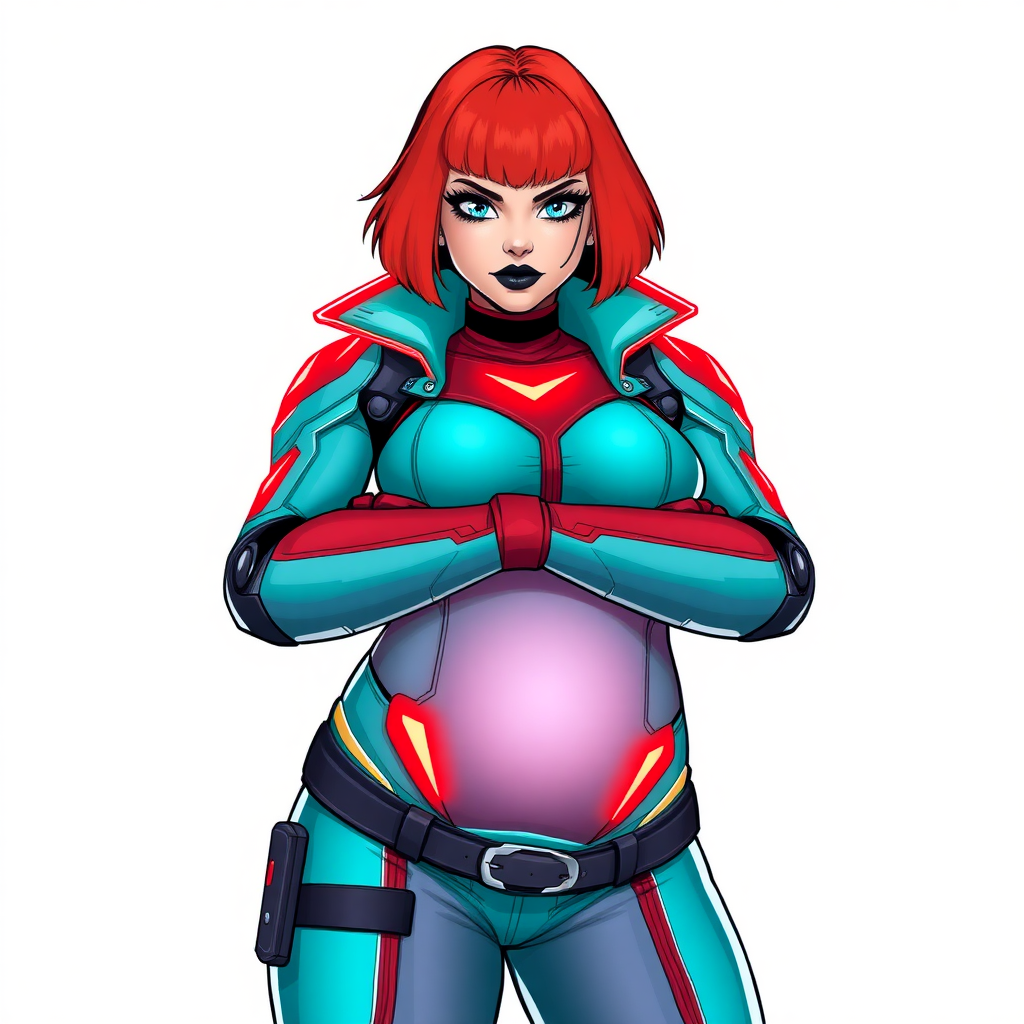 A 26-year-old heavy-set, magical girl vigilante detective with a bright red bob cut, black lipstick, and piercing bright blue eyes. She has a new non-athletic build, now highlighted by a prominent, round, gargantuan midsection (with full emphasis on her belly), which shows the aftermath of her vigilante big brother figure's pampering. Despite her new physique, she displays her usual confidence. She wears a high-tech, maximum turquoise biker suit, complemented by a glowing neon red cape and high-tech red gloves. Her stance is firm and resolute, arms crossed, exuding a no-nonsense attitude. Her costume reflects the influence of DC New 52 Prime Earth’s Phantom Lady, Jennifer Knight, while her pose embodies the moral ambiguity and determination reminiscent of DC’s Pax Americana’s The Question. She is on a solid white background. She is drawn as if she was in a retro 2D cyberpunk fighting game.