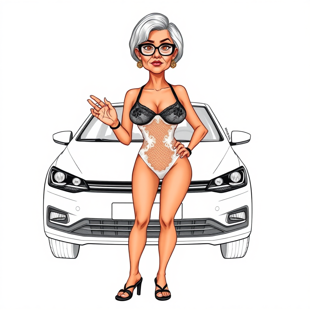 a towering 55 Years old, fit, slim, European, Latina, sharp aquiline nose, wrinkles, high cheekbones, Middle Eastern, Skinny, Tanned skin, Dark light skin, Rounded Medium breasts, Skinny thighs, full Makeup, jewelry, Serious face, Sharp nose, Ash hair, short bowl haircut, Brown eye color, Glasses, with detailed features. she is wearing embroidered black mesh balconette bras and a tight white high cut 1980s mesh cut out swimsuit, transparent kimono lace, detailed fabric. full body, high heels sandals, she is hand gesturing at the viewer to get in her VW white Polo V, long establishing shot, 2D, caricature, cartoon, Sketch lines, coloring book, coloring book style on white background, well composed, clean coloring book page, No dither, no gradient, strong outline, No fill, No solids, vector illustration, realistic proportions