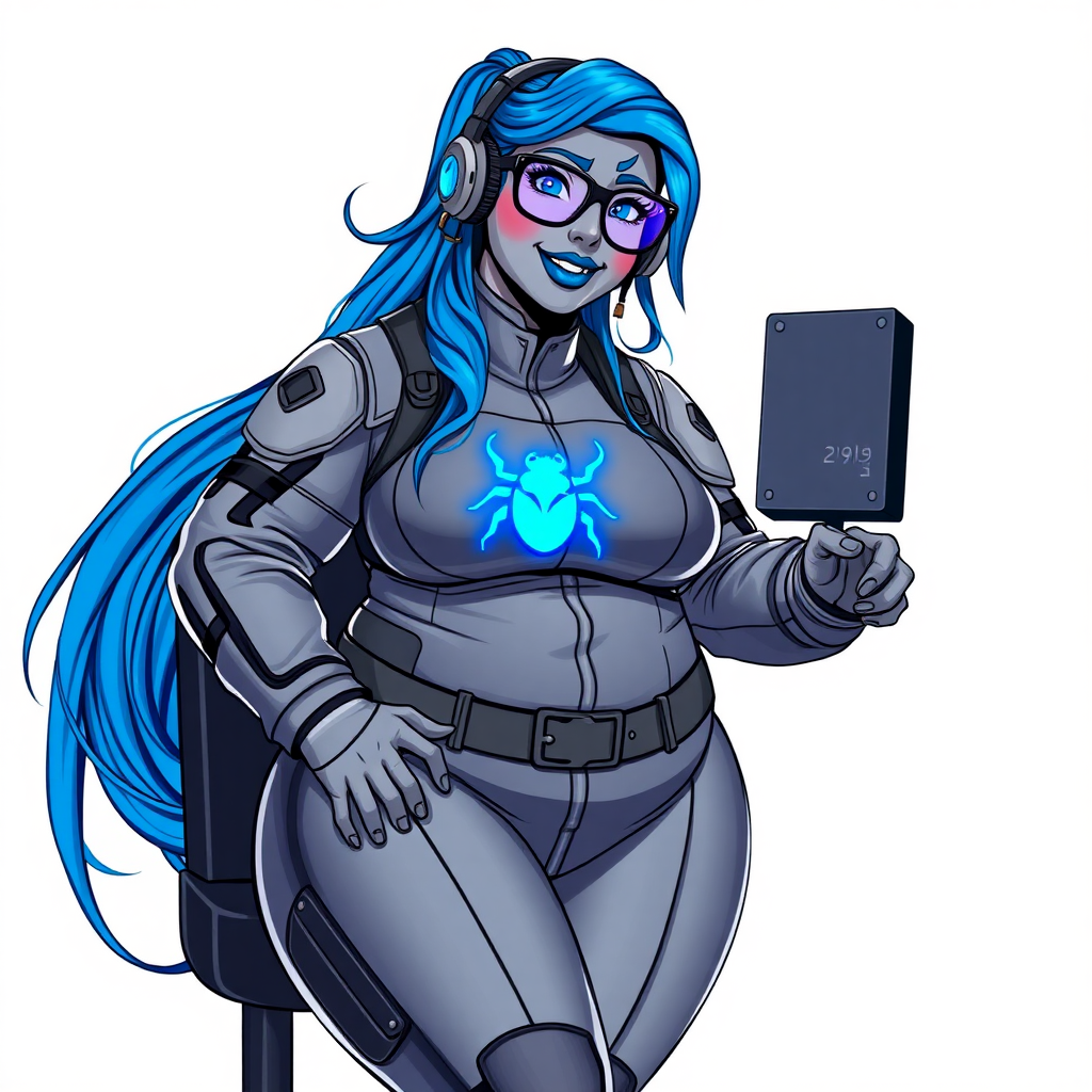 A nerdy, full-figured middle gray-skinned 29-year-old computer program hybrid with a long, maximum blue ponytail. She wears maximum blue lipstick and has bright blue eyes. Her outfit includes a digital, computerized, middle gray biker suit featuring a neon blue glowing beetle chest icon. She sports a sapphire headset and black eyeglasses, with a lovestruck smile and neon red blush. Her full figure reflects the doting care of her vigilante boyfriend. As his tech expert, she works diligently at her lab table in their hideout. The background is solid white. She has a prominent, large, round midsection, thick limbs, and broad shoulders. Her middle gray metallic skin highlights her digital nature. The biker suit blends with her middle gray skin appearing to merge together as computer data. She is drawn as if she was in a retro 2D cyberpunk fighting game.