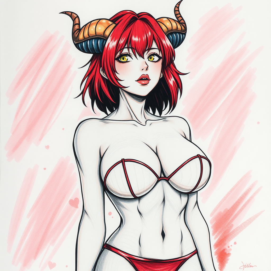 A terrible anime drawing with crayons: A seductive hypersexual succubus woman, short red hair, mega-colossal huge massive boobs/tits/breasts that can barely fit in a bikini, horns, yellow eyes, sexy waist, full body