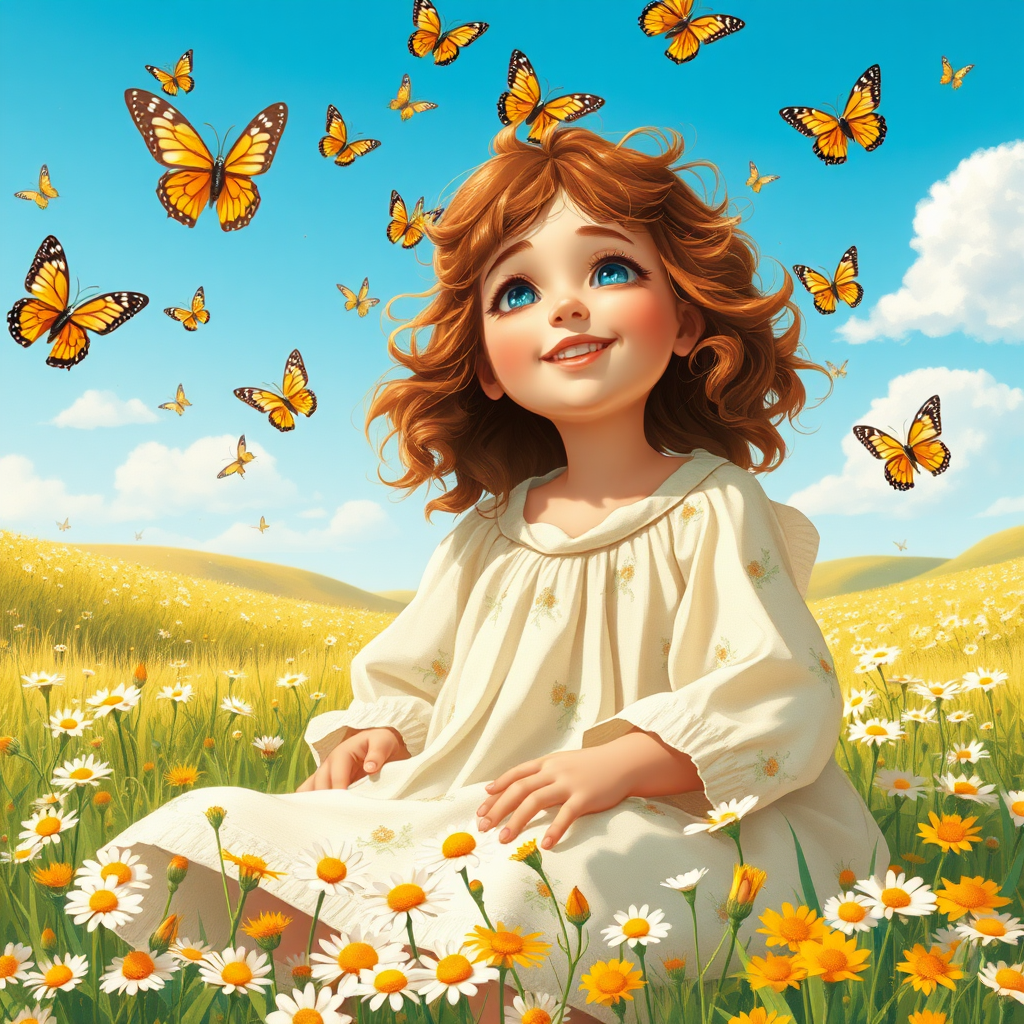 In a sun-kissed meadow bursting with vibrant yellow and white daisies that dance gently in the warm breeze, a young girl with sparkling blue eyes and wild, chestnut curls sits enthralled in her surroundings. Her oversized cotton dress, a soft pastel hue adorned with delicate floral patterns, billows around her like clouds, catching the sunlight and creating an ethereal aura. As she gazes upwards with a radiant smile, the joyous expression on her face lights up her features, radiating pure happiness and wonder.

Above her, a flurry of colorful butterflies—each wing patterned with intricate designs of orange, black, and iridescent blue—flit gracefully around in the air, twirling and shimmering down like confetti against a canvas of clear azure sky. The gentle hum of nature fills the scene, with the distant buzz of bees and a soft rustle of leaves that sound like whispers among the flowers.

Every detail is alive; the sun casts a warm golden hue over the landscape, and the sweet scent of wildflowers fills the air, mingling with the fresh, grassy aroma beneath her. The girl’s fingers trace the soft petals of nearby daisies, adding an interactive layer to her joyful moment. With the backdrop of rolling hills and the occasional flutter of a soft cloud, this whimsical illustration captures the essence of childhood wonder and bliss, inviting viewers into a tranquil, magical world.