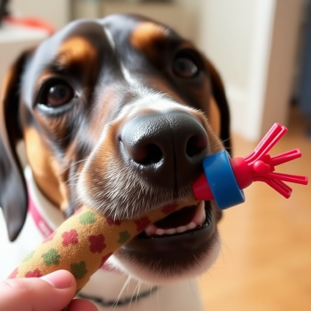 Dog biting toy, close-up shot, side head, neck extended.