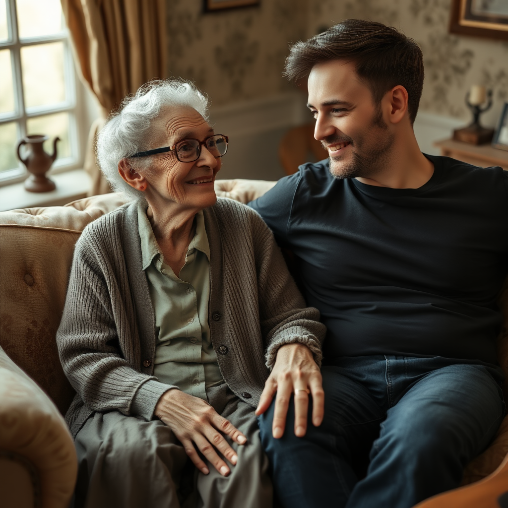 In a scene viewed from an angle and slightly above: In an old-fashioned English living room, a very frail, small and thin, very old and elderly English lady with an ugly face, kind smile, short, thinning white curly hair, wrinkled face, neck and skin, wearing thin framed glasses, an old cardigan, blouse and long skirt is sitting on a sofa with an English man about 40 years old, grey stubble on his chin, brown hair, sitting close next to her on the same sofa, wearing a black T-shirt and dark blue jeans. The man and woman are smiling at each other. The woman is looking at the man's eyes and smiling. The man is looking at the woman's eyes and smiling.