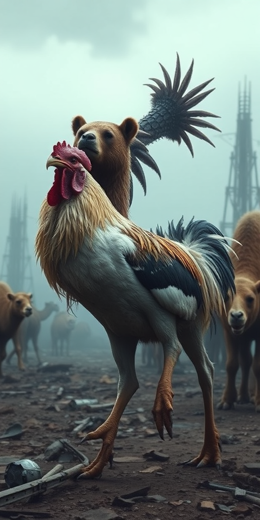 A creature with the head of a bear, the body of a rooster, and the legs of a camel in a hyper-realistic apocalyptic environment.