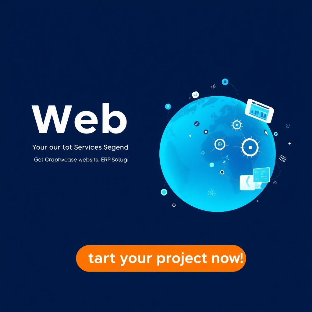 A professional and modern banner for a web design company. The image should feature a stylized blue globe representing global connectivity, with subtle visual elements of computer screens, gears, and graphs to illustrate the diversity of services offered, ranging from showcase websites to ERP solutions. The dominant colors should be blue and white, with an orange call-to-action button 'Start your project now!' at the bottom. The design should inspire trust, innovation, and professionalism.