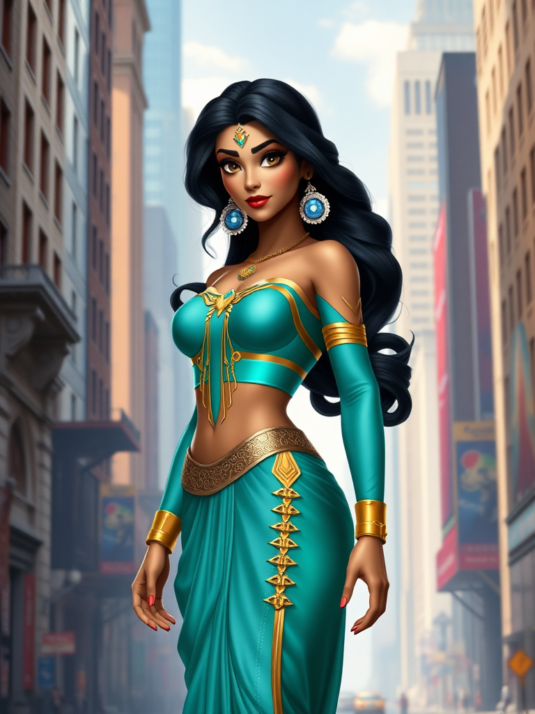 Create a full-length photorealistic render of Princess Jasmine using Spider-Man's male body type. Retain Jasmine's head, adjusting the body structure and silhouette to match Spider-Man's physique. Modify her costume to fit the new body type appropriately. The background should be an environment that reflects the essence of both characters, blending aspects of Agrabah and New York City.