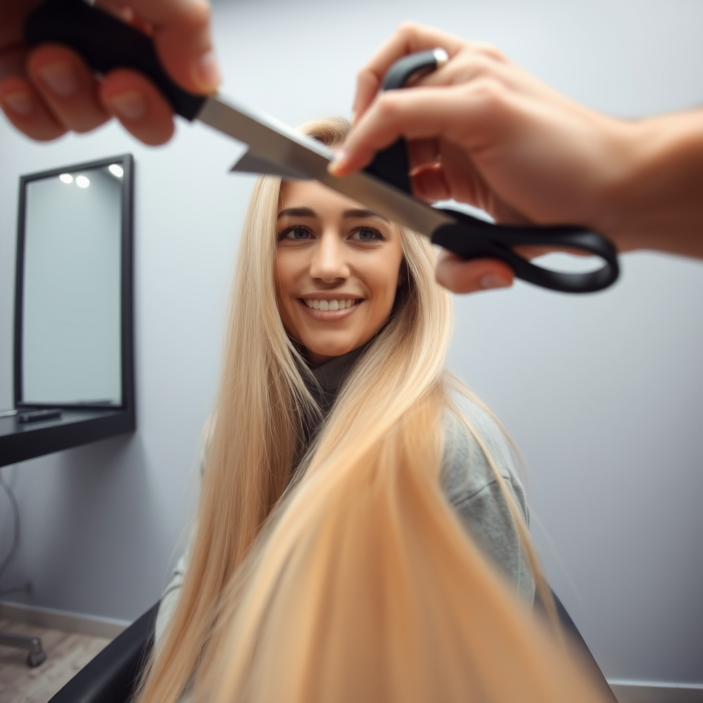 POV, beautiful very long haired blonde woman sitting in a hair salon smiling at the camera while I reach out from behind the camera to trim her very long hair. Plain gray background.