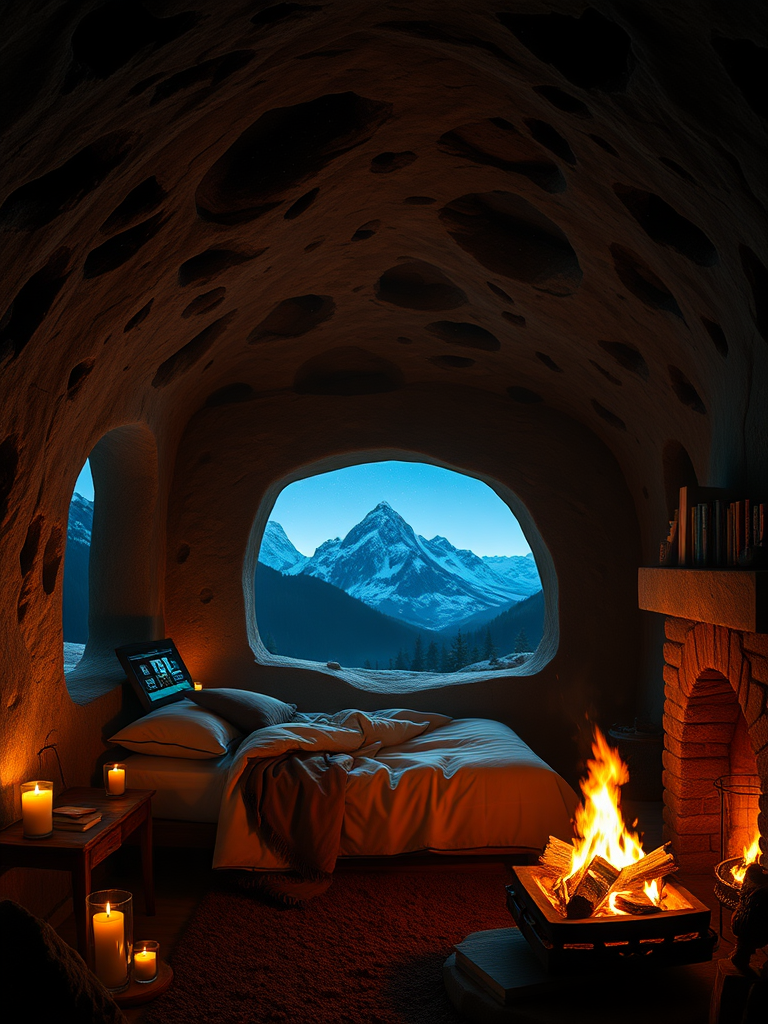 In a tranquil cave, there is a cozy little room with large windows embedded in the walls, through which the starry sky and mountain view can be seen. Inside, there is a comfortable bed with a display screen at the headboard showing various data and graphics. The room is illuminated by candlelight, casting a soft glow that lights up the entire space. In the corner, there are some books, and the bookshelf is filled with various types of books. A warm fire is burning in the fireplace, radiating comforting heat that makes one feel relaxed and at ease. Reality, realistic, true.